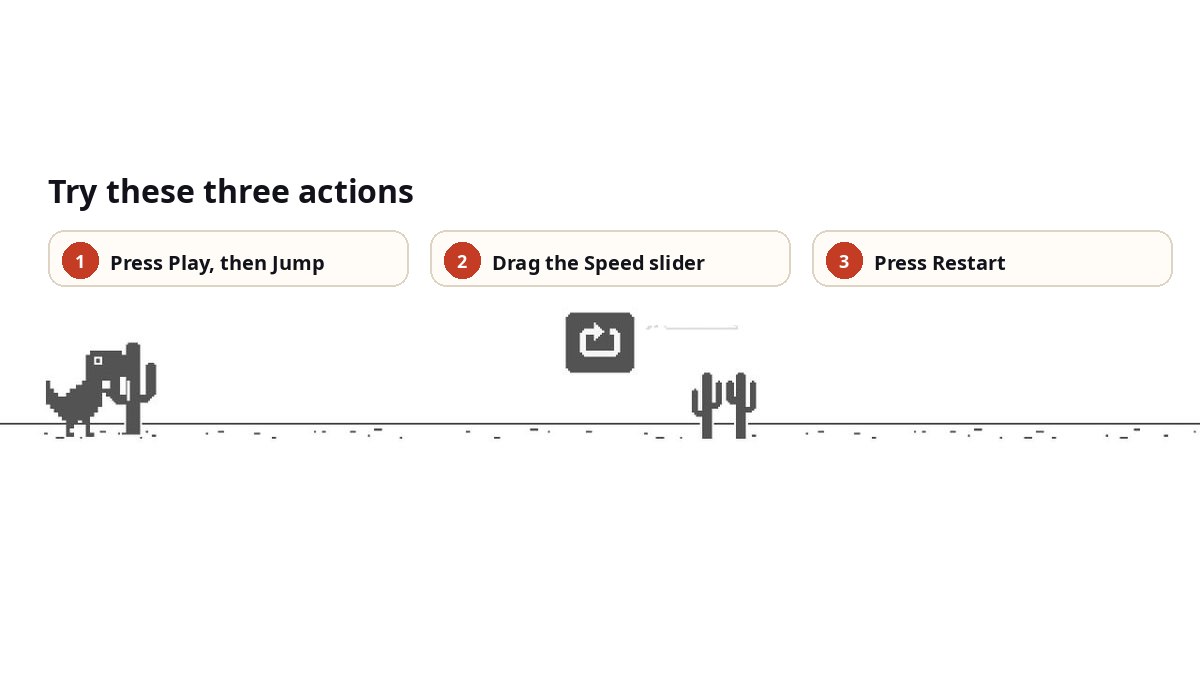 The official dinosaur lab. Three actions: press Play then Jump, drag the Speed slider, and press Restart. The checkbox reads Use the recovered acceleration rule.